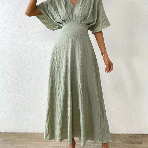 Mint Green Casual Women's Solid Batwing Sleeve A-line Dress - Picture 4 of 5